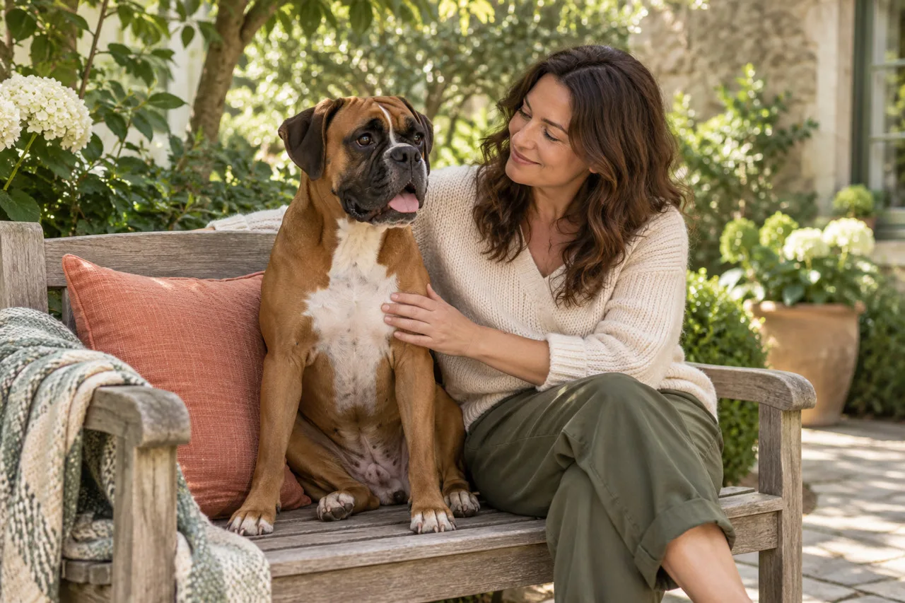 Owner seated beside a Boxer-type dog in a garden